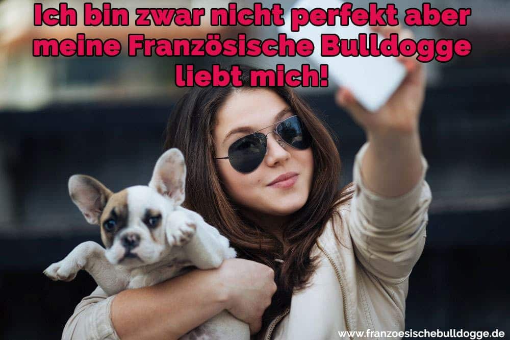 Eine Frau nimmt einen selfie mit Ihrem Französisch Bulldog
