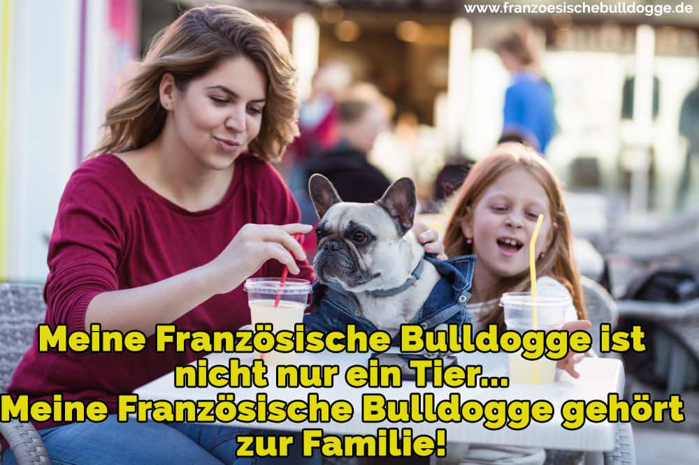Eine Frau und ein Mädchen mit ihr Französische Bulldogge